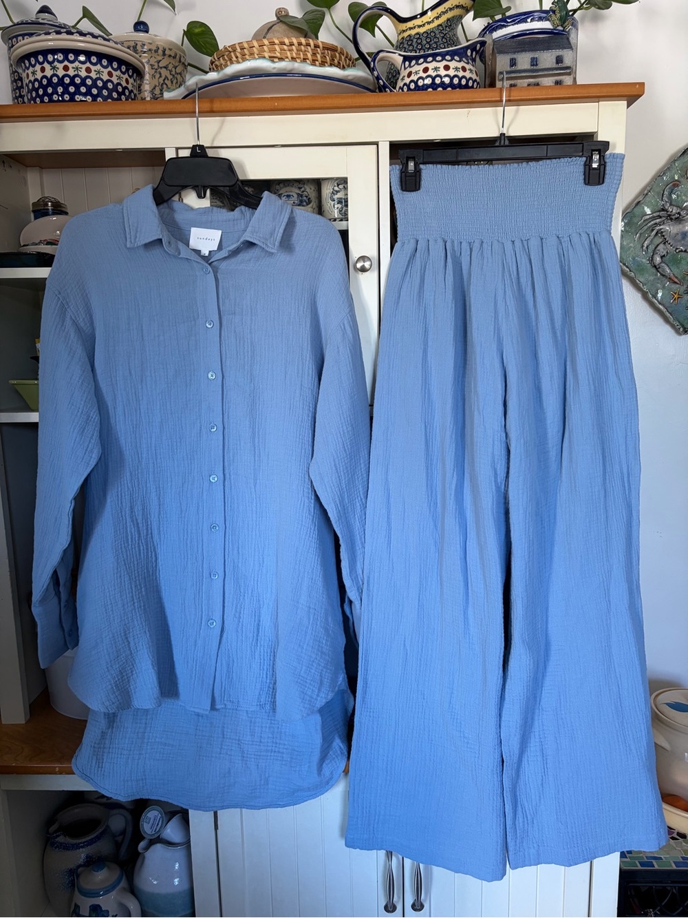 Sundays Top/Pants Set Sz Medium Periwinkle Blue Gauzy Tunic & Wide-Leg Pants